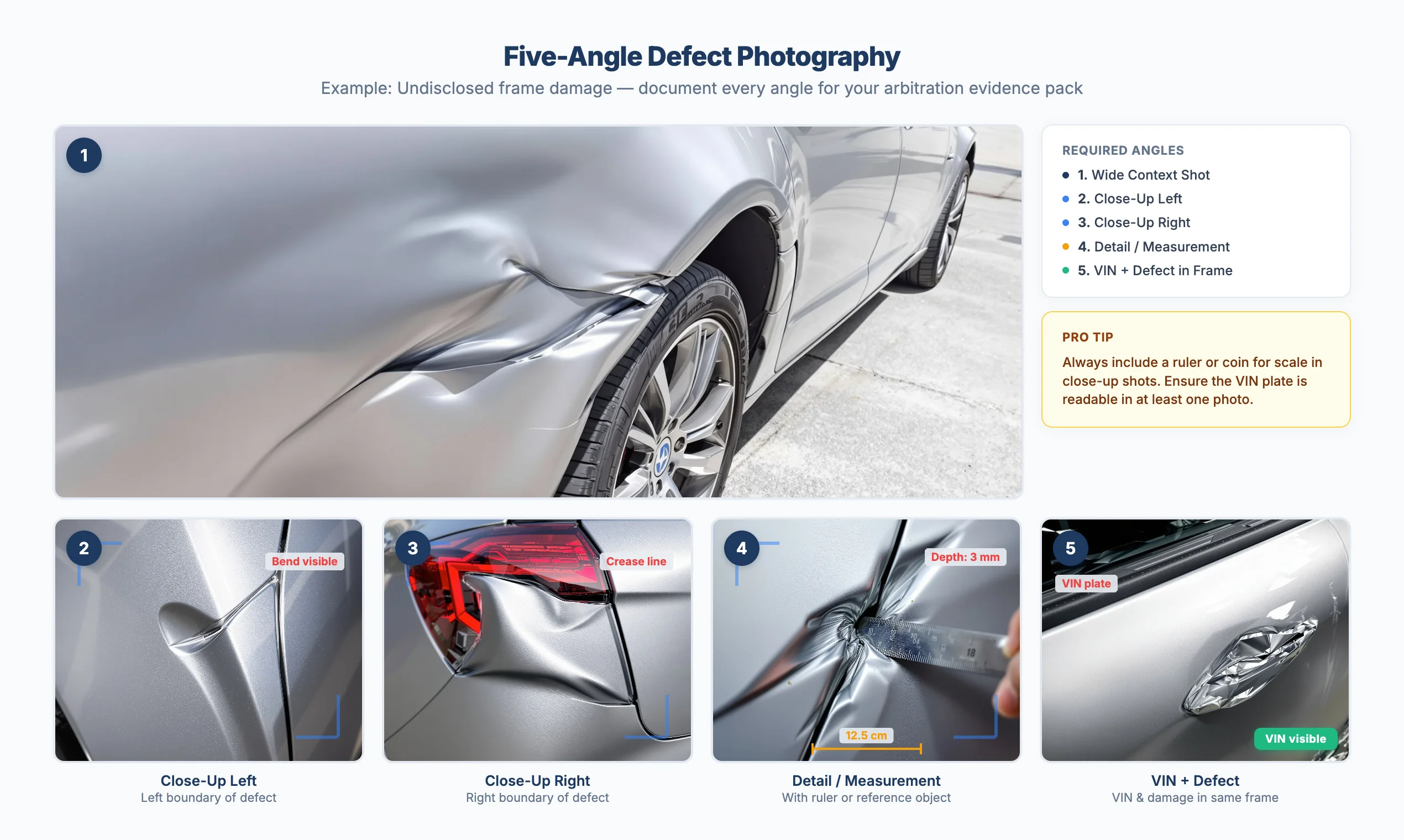 Five-angle defect photography example showing wide context and close-up shots of frame damage with VIN plate