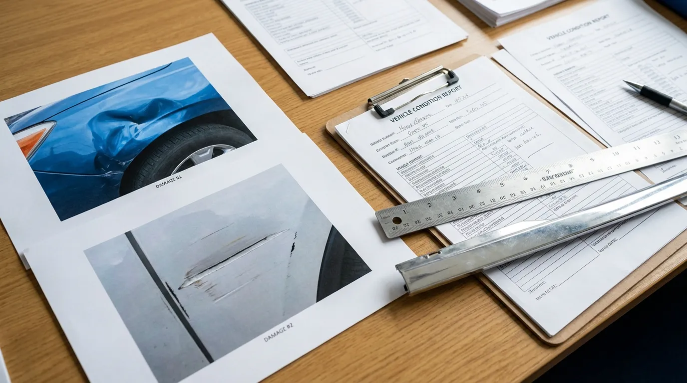 Vehicle damage documentation with printed photos, condition report, and measurement tools on a desk