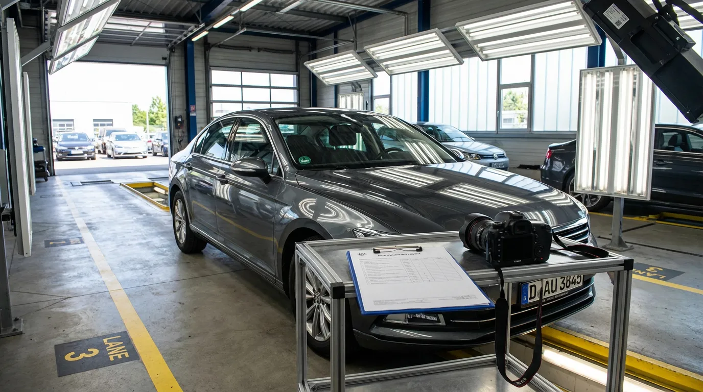 Vehicle staged for B2B wholesale auction with condition report clipboard and camera equipment