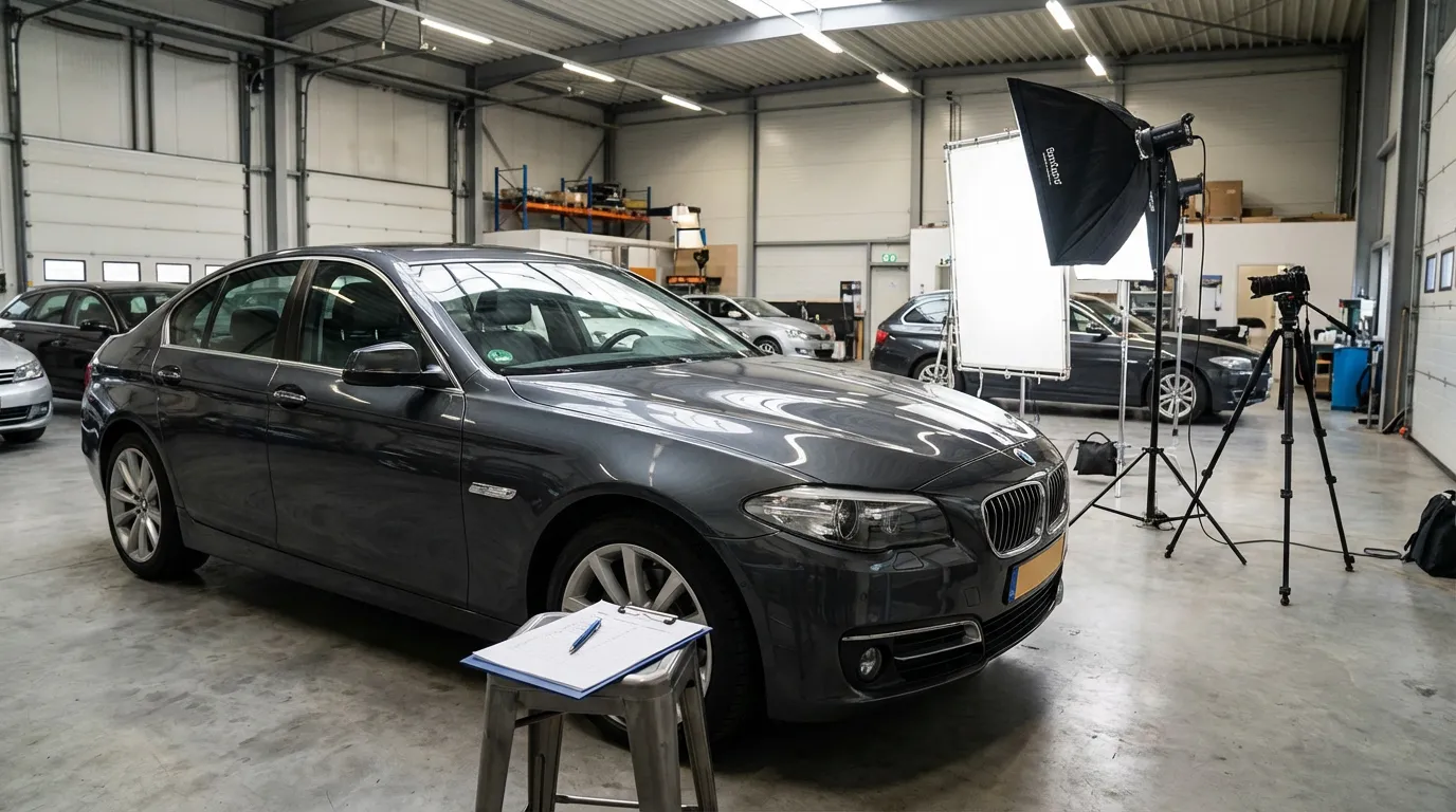 Freshly detailed sedan in a B2B auction staging area with inspection checklist clipboard