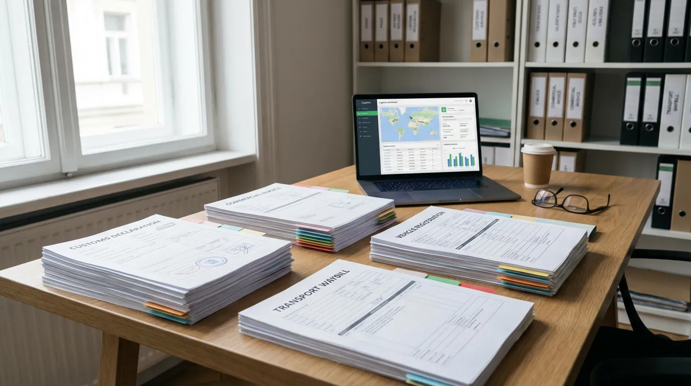 Desk with cross-border vehicle transaction documents including customs forms and invoices arranged by category