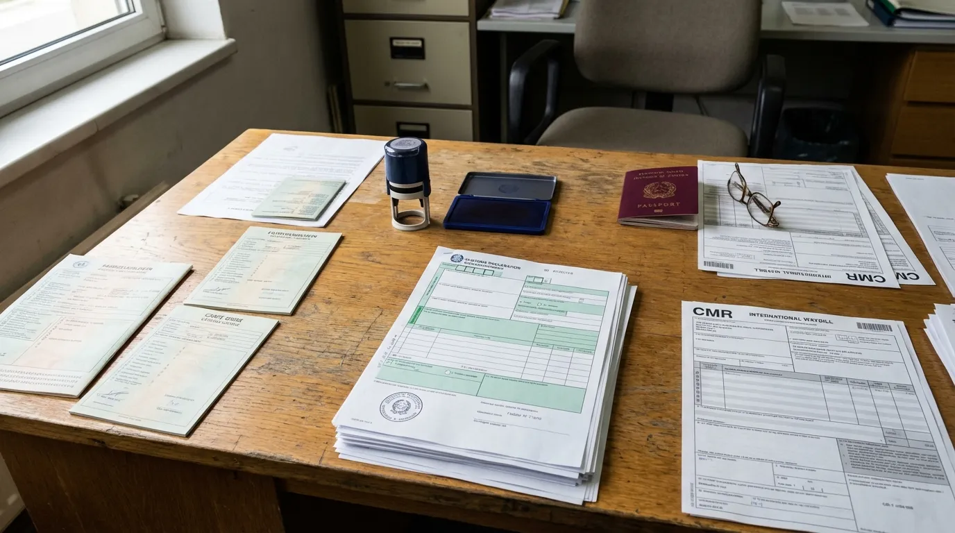 Cross-border vehicle transport documentation spread on a customs office desk with registration certificates
