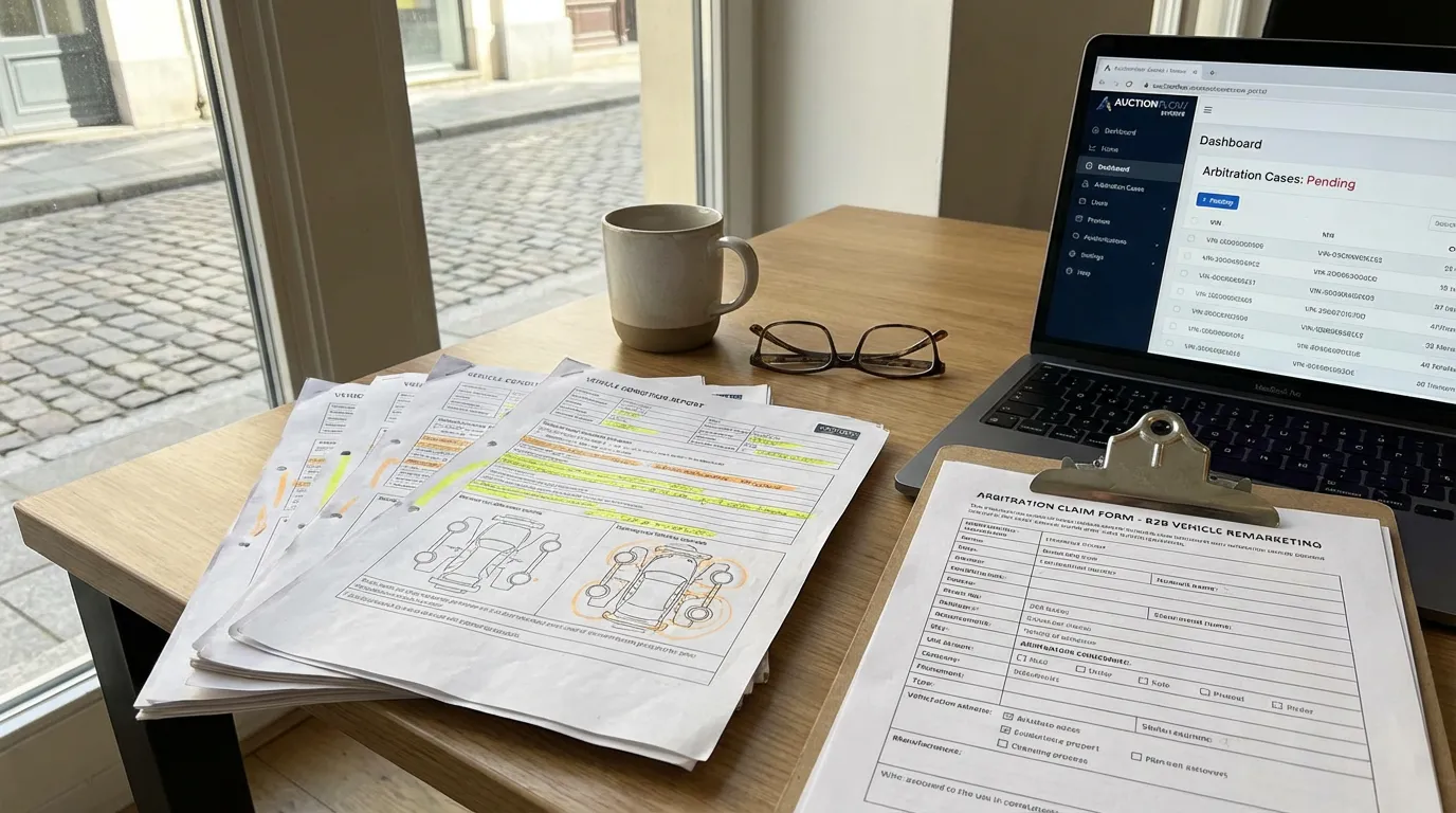 Condition report papers and arbitration claim documents on a desk at a B2B vehicle auction office