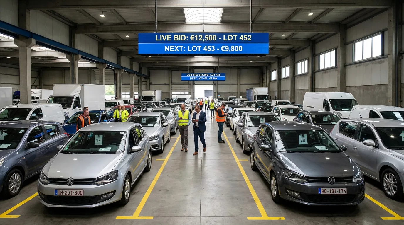Busy B2B vehicle auction hall with rows of numbered vehicles and digital bidding displays