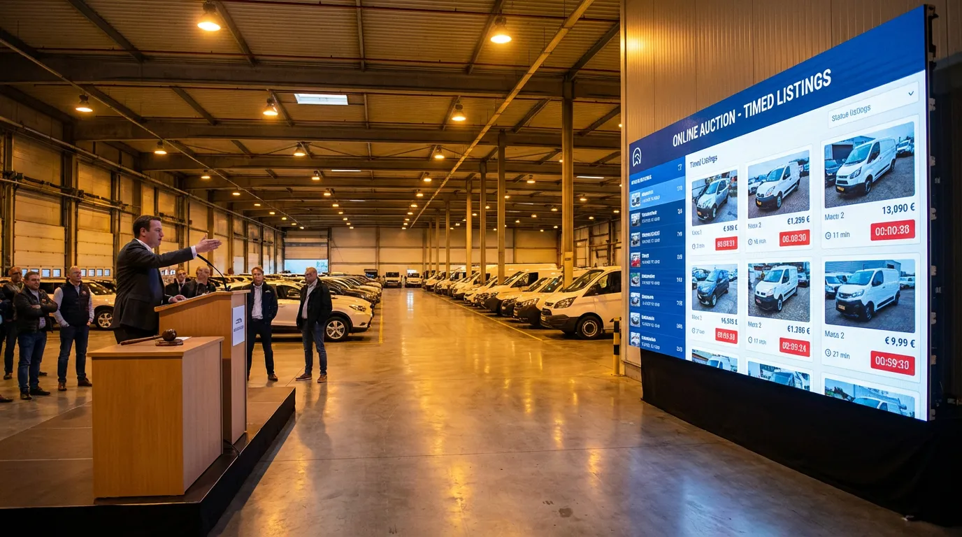 Modern B2B vehicle auction facility with live auctioneer podium and digital screens showing online listings