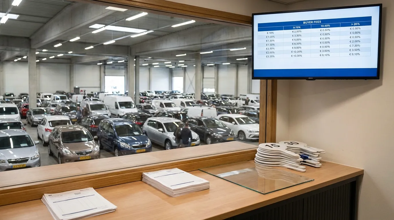 Dealer registration counter at a B2B vehicle auction with bid paddles and fee schedule display