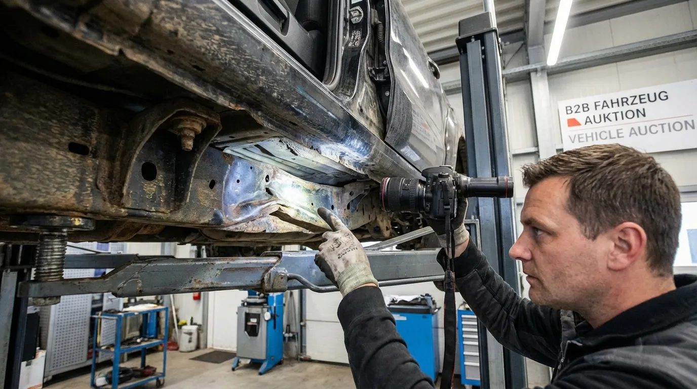 Vehicle structural damage being documented under inspection lighting at a B2B auction inspection bay