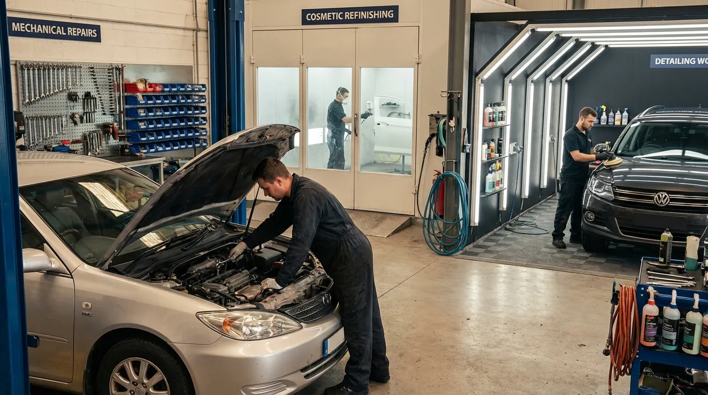 Vehicle reconditioning workshop with paint booth, mechanic station, and detailing bay