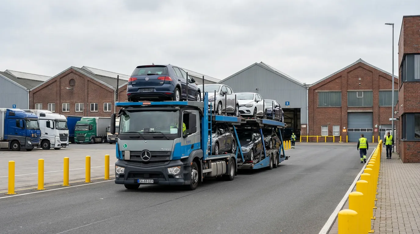 Multi-deck car transporter truck loaded with European vehicles at a logistics terminal