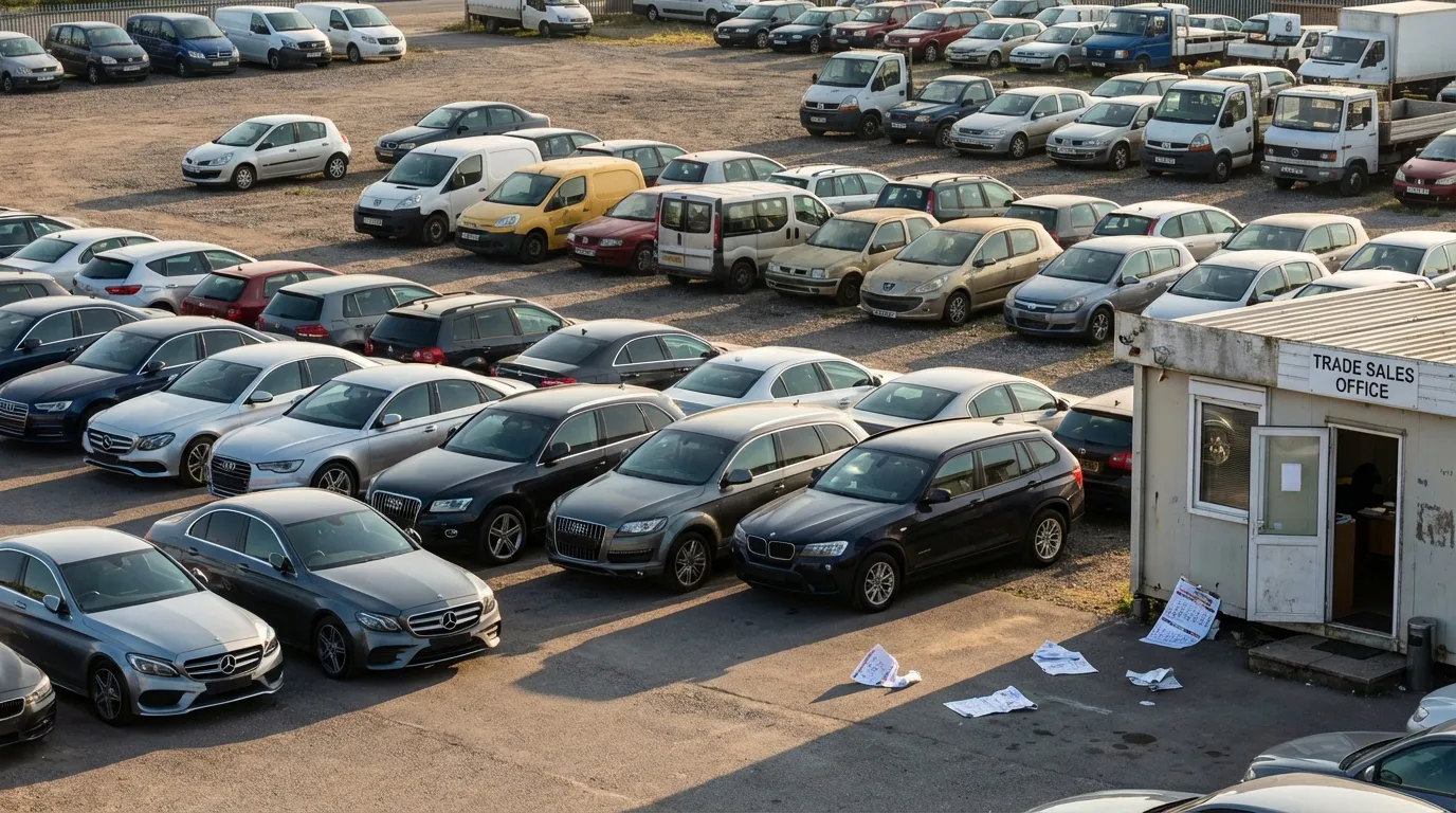 Dealer inventory lot showing vehicles in various stages of aging from clean front row to dusty back rows
