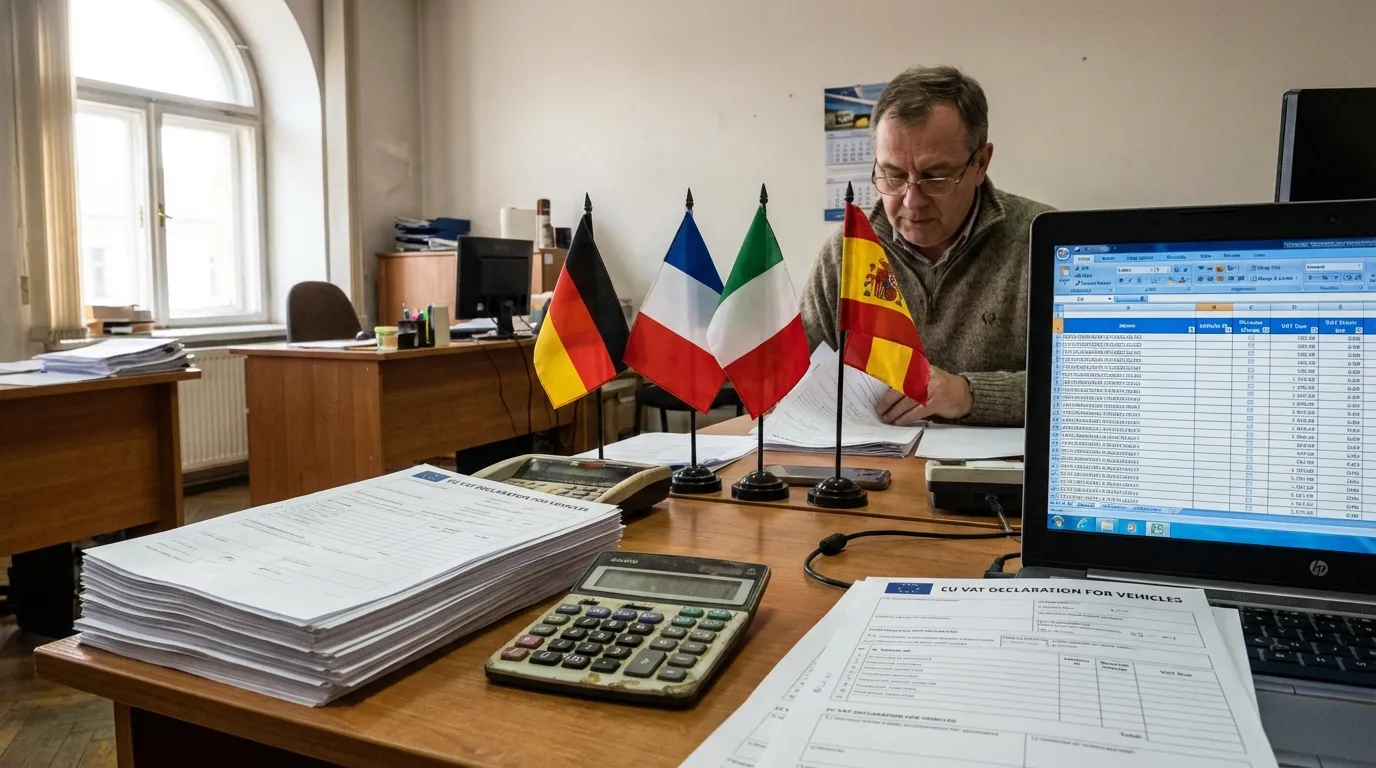 European customs and tax office desk with EU VAT declaration forms and country flags