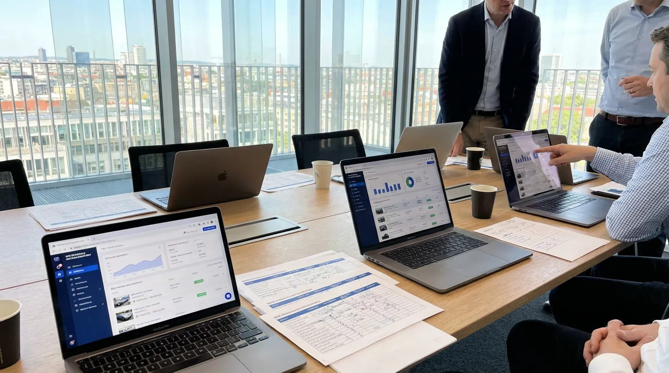 Conference table with laptops showing different B2B auction platform interfaces and comparison matrices