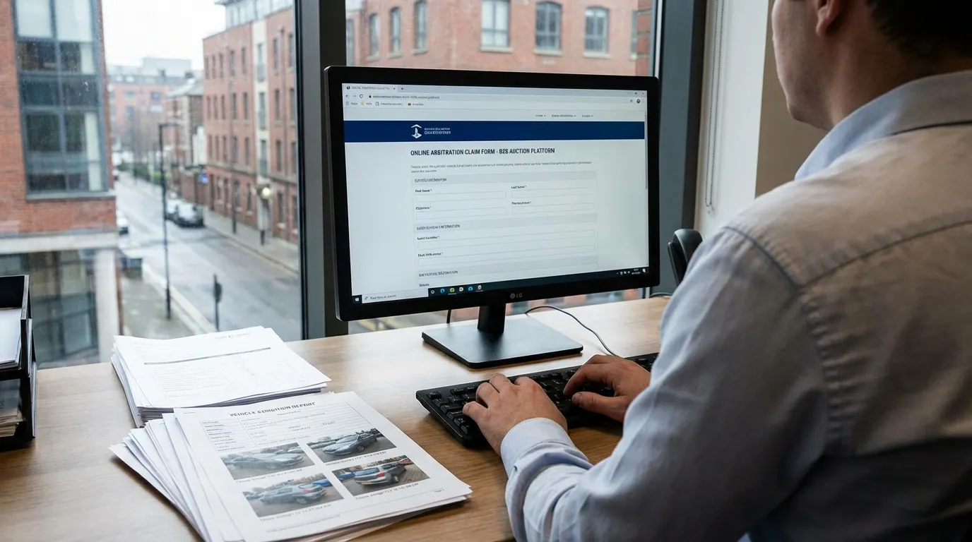 Professional filing an online arbitration claim at a workstation with condition report photos