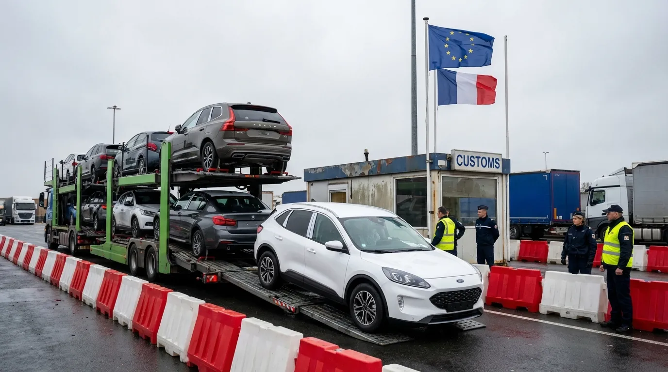 Vehicle being unloaded from a car transporter at a European border customs checkpoint