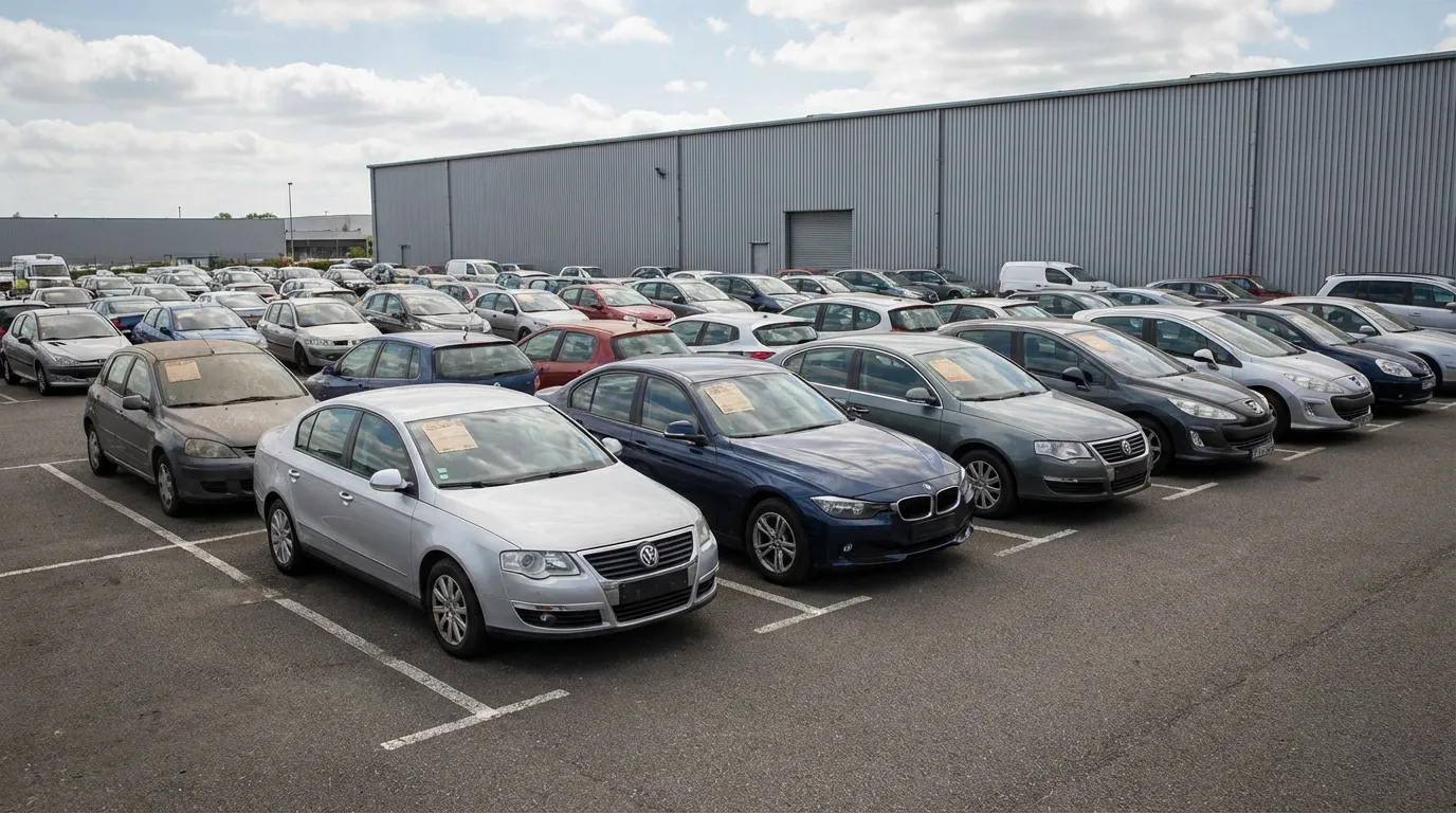 Rows of used vehicles on a wholesale dealer lot with European brands under daylight
