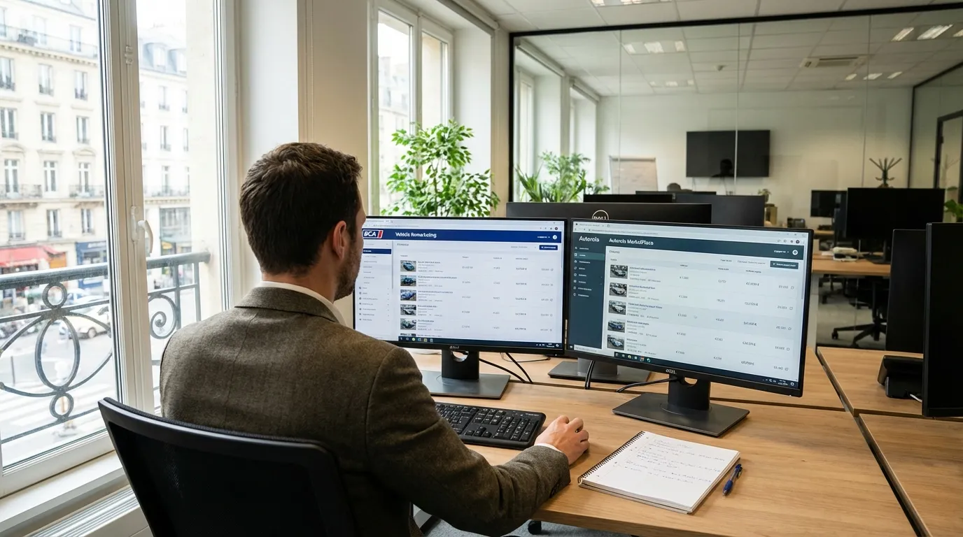 Remarketing professional at a desk reviewing multiple auction platform dashboards on dual monitors