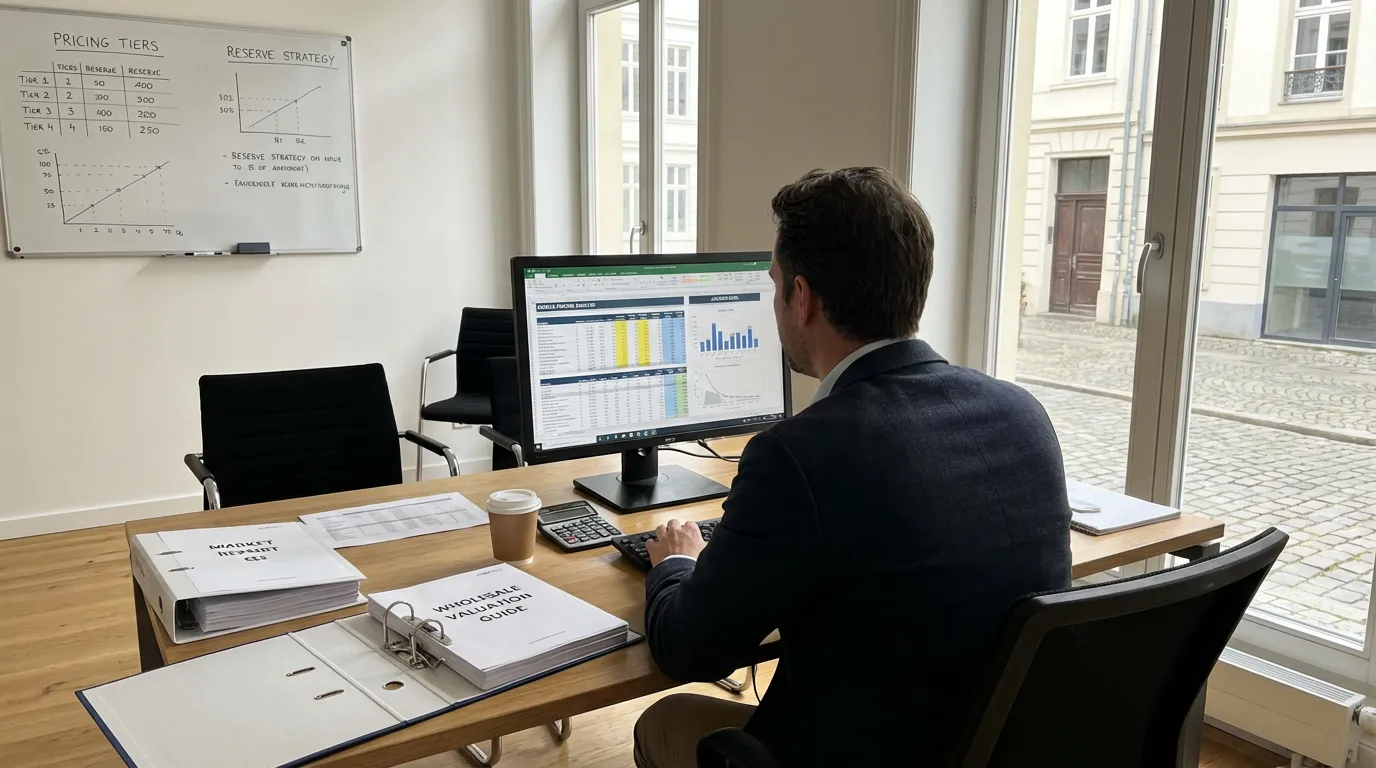 Dealer manager analyzing vehicle pricing data on a computer screen in a dealership back office