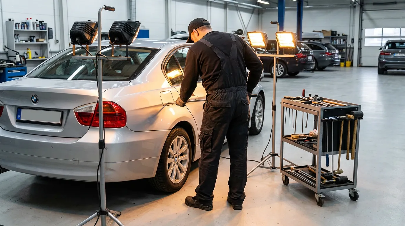 Technician performing paintless dent repair on a sedan in an automotive reconditioning workshop