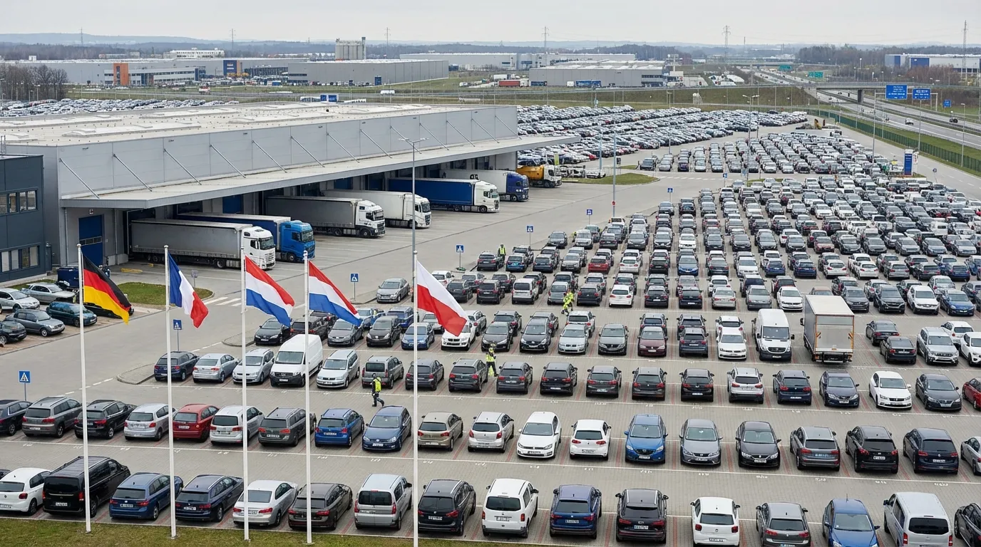 European vehicle logistics hub with national flags and vehicles being sorted into regional lots