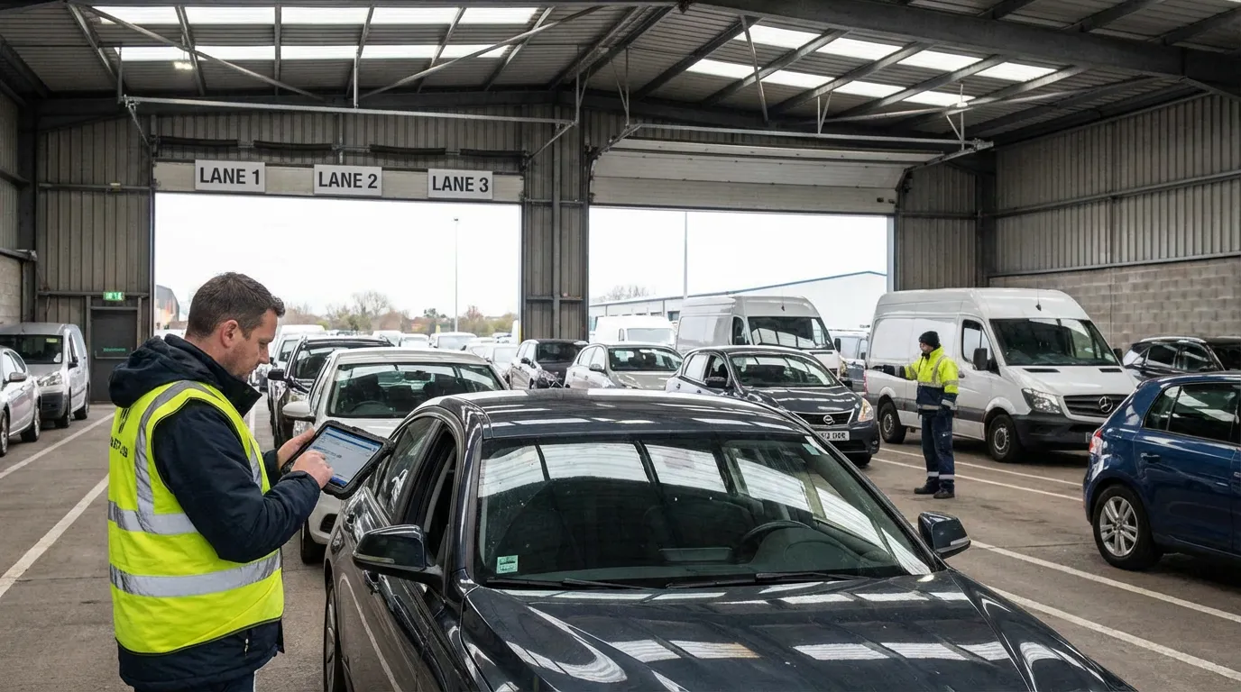 Fleet operator consigning vehicles at a B2B auction intake lane with staff scanning vehicles