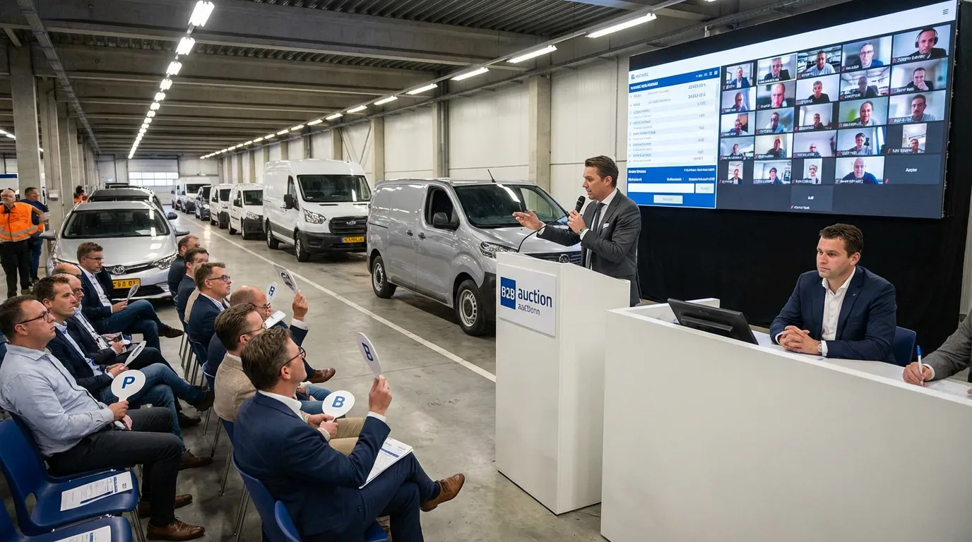 Live auctioneer at a B2B vehicle auction podium with online bidders displayed on screen behind