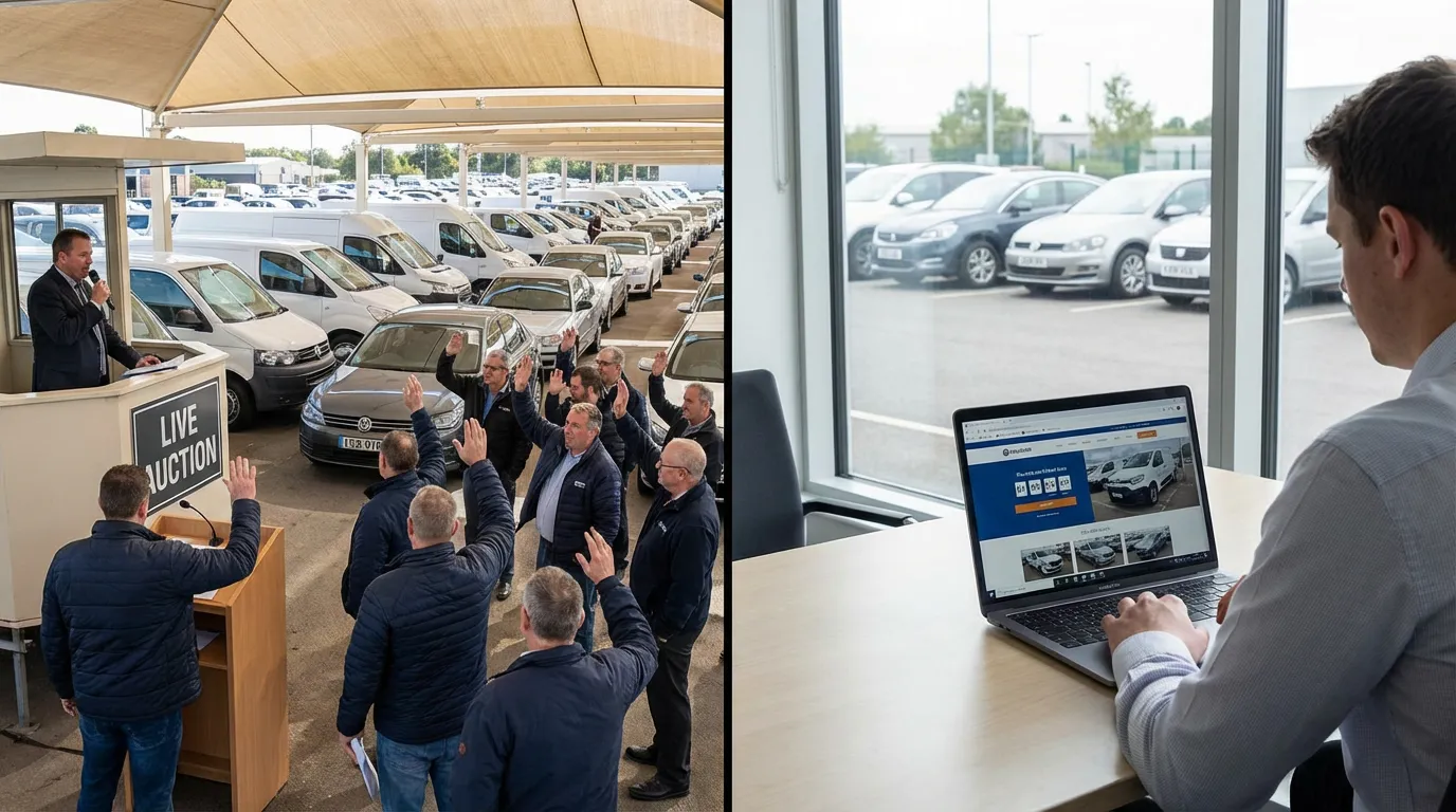 Split scene showing a traditional live vehicle auction lane and a modern timed online auction setup