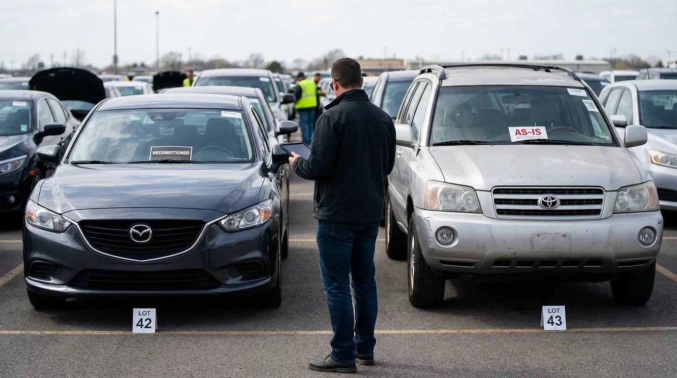 Two vehicles side by side at a B2B auction — one reconditioned with polished shine, one sold as-is