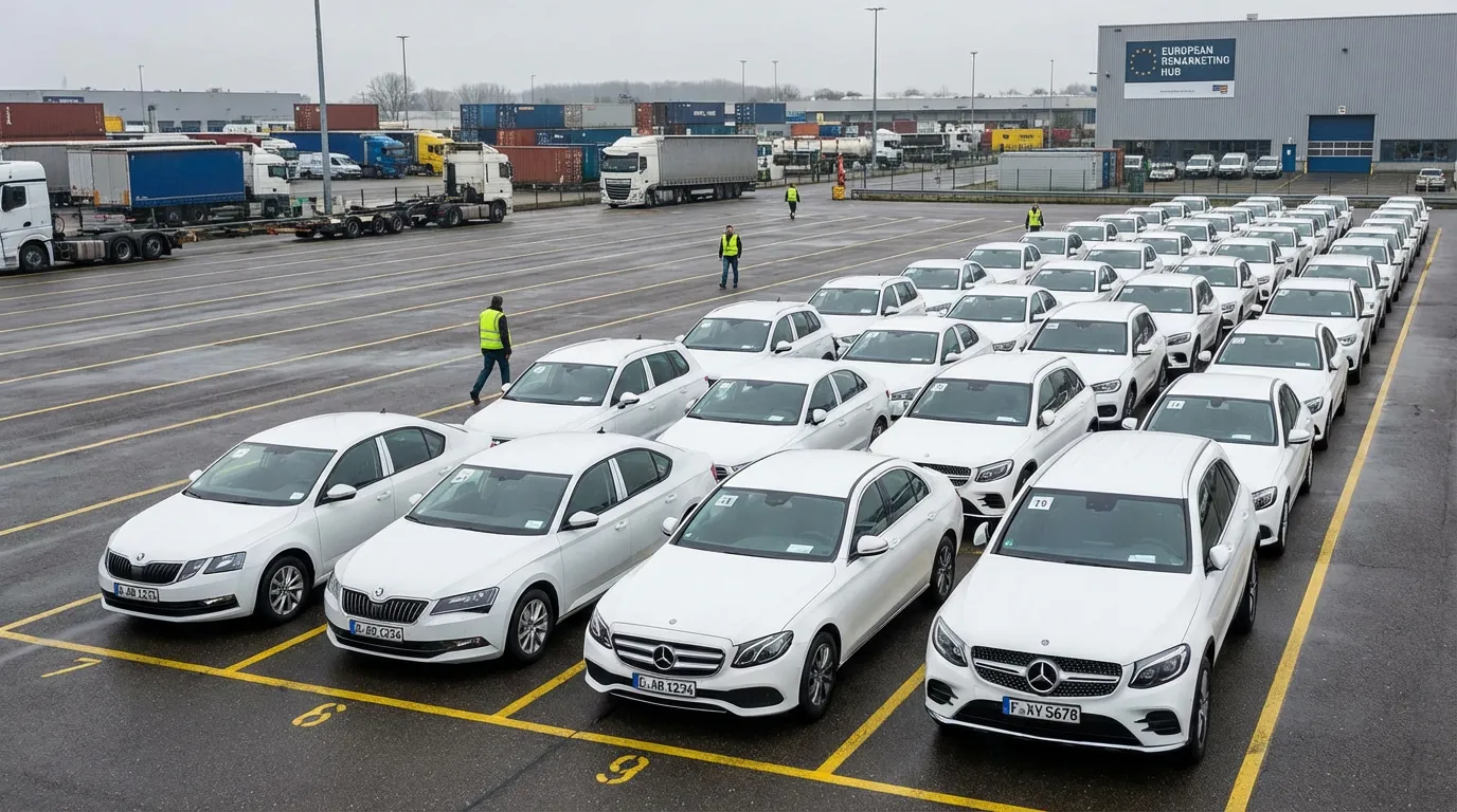 Row of fleet vehicles staged for auction disposal at a European B2B wholesale remarketing facility