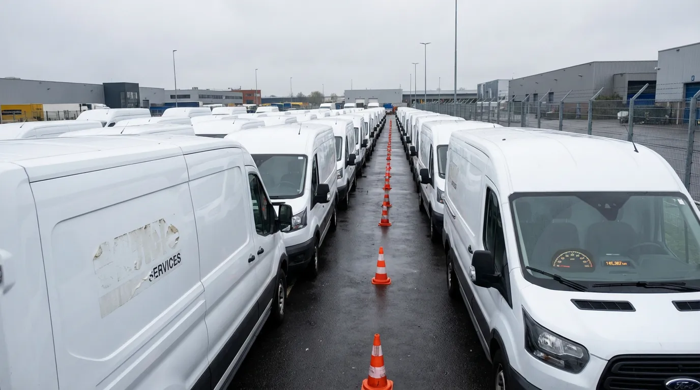 Row of identical white fleet vehicles staged in a logistics yard at a B2B auction facility