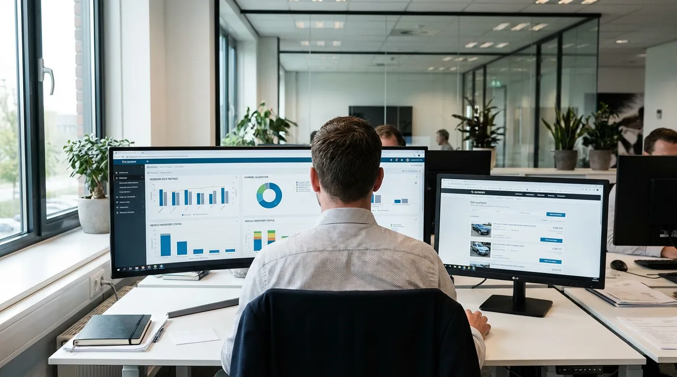 Professional remarketing analyst reviewing a multi-channel vehicle disposition dashboard with recovery rate metrics