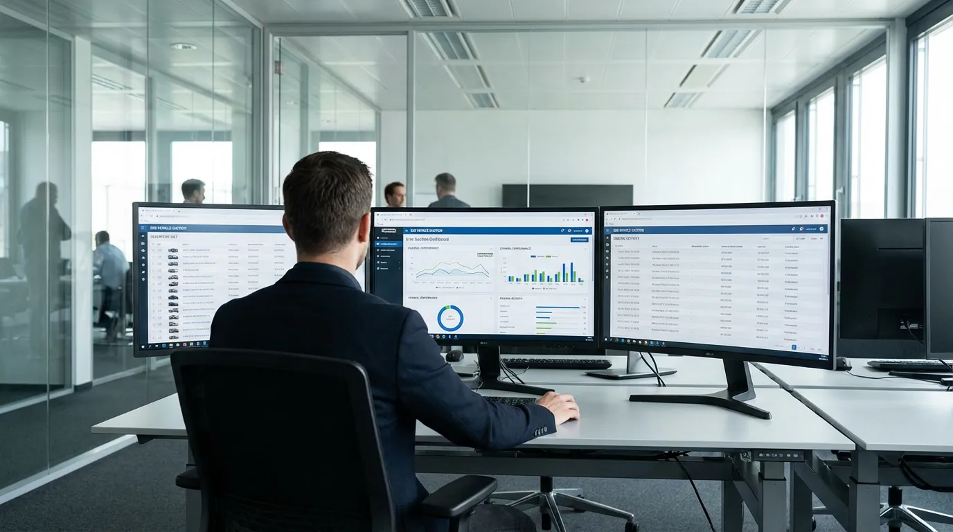 Remarketing operations center with monitors showing B2B vehicle auction dashboards and performance metrics