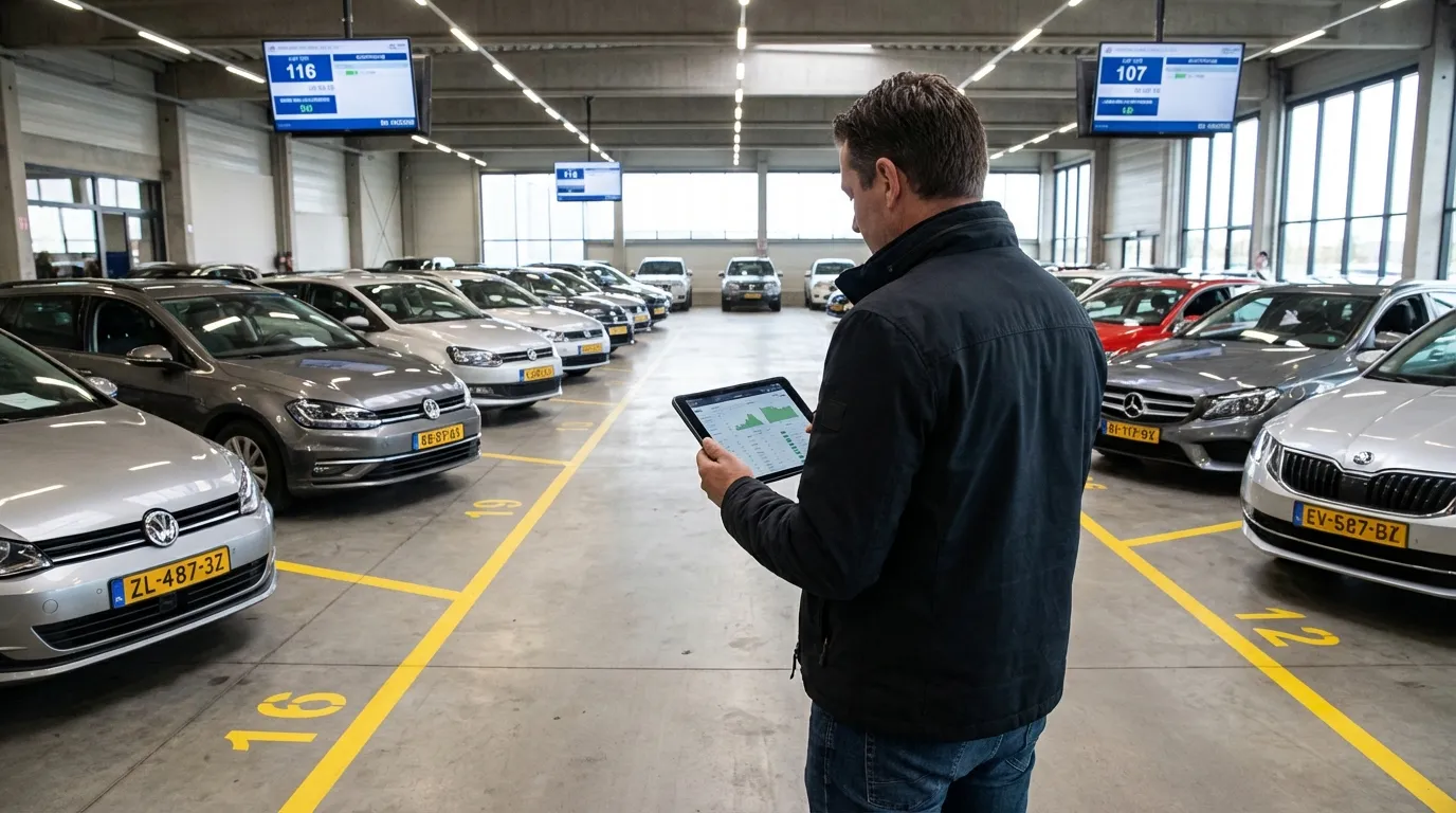 Dealer evaluating vehicles at a B2B wholesale auto auction while reviewing a tablet with condition reports