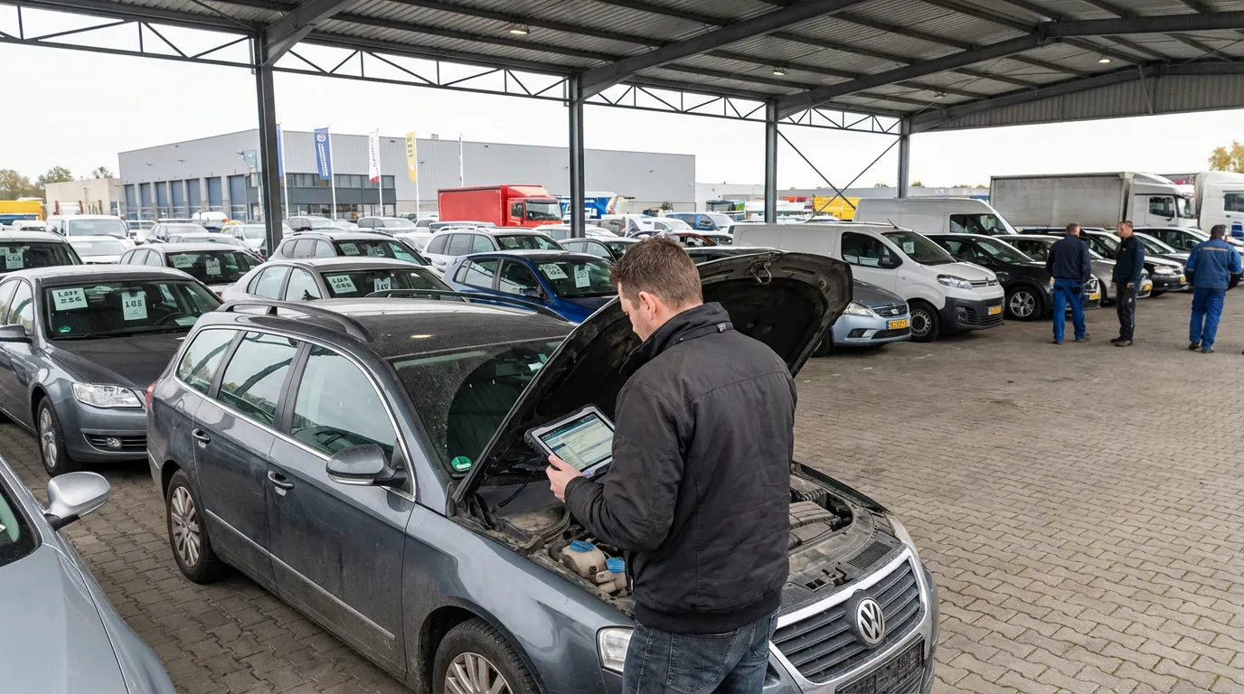Vehicle dealer inspecting a used car with a tablet on a B2B wholesale auction lot