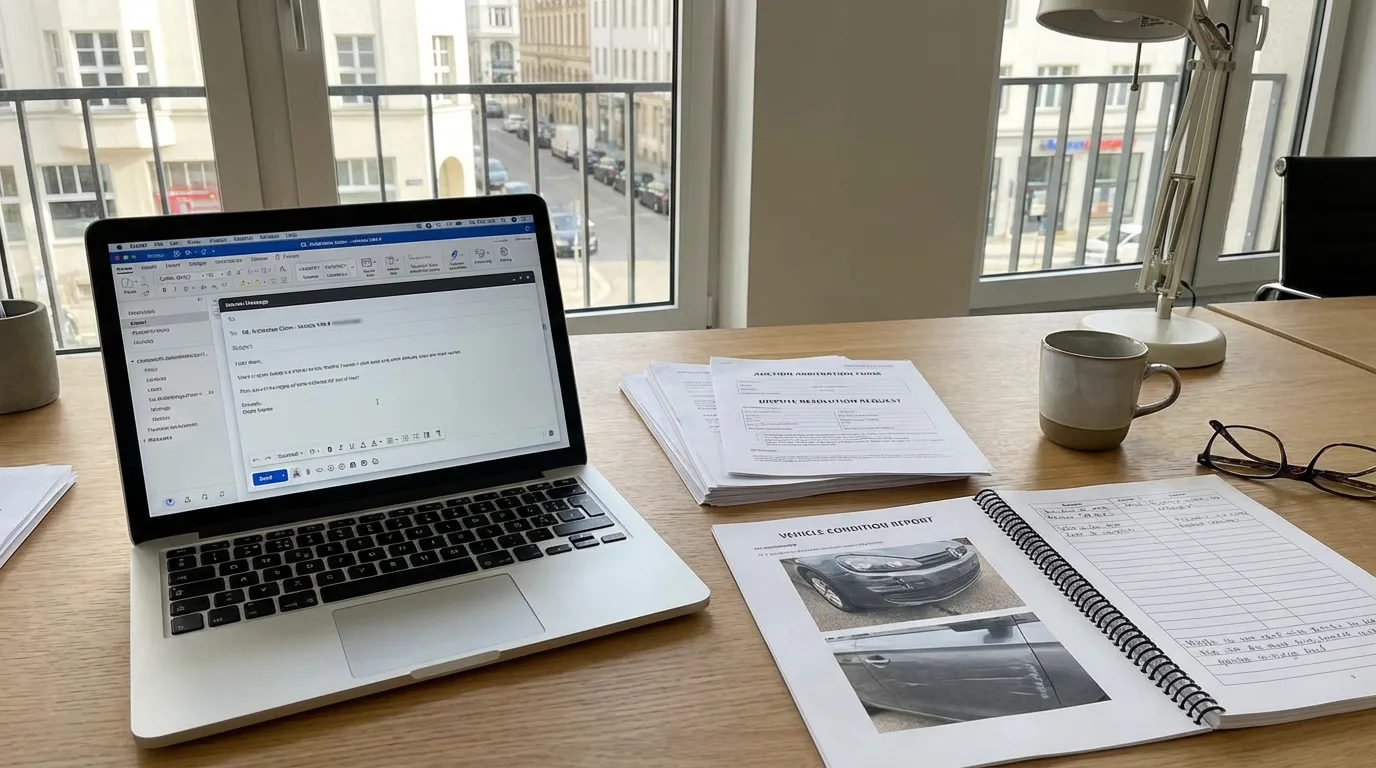 Professional desk with laptop showing email composition and auction arbitration forms