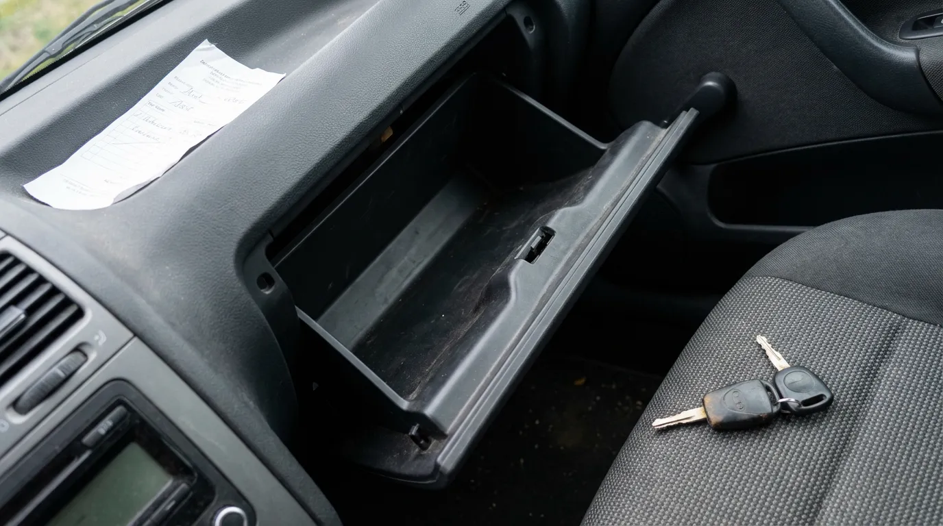 Open vehicle glove box revealing missing items with a single car key on the passenger seat