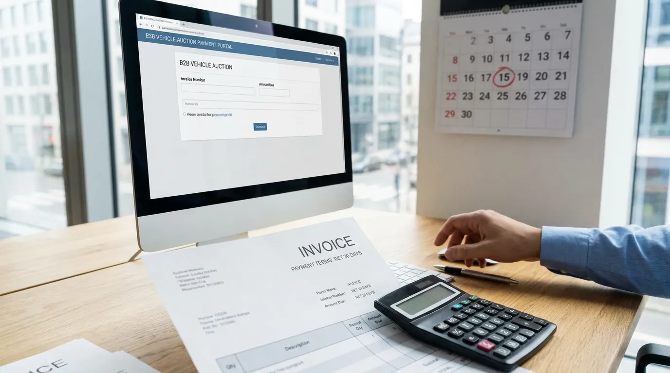 Finance office desk at a B2B vehicle auction with invoice, calculator, and payment portal on screen