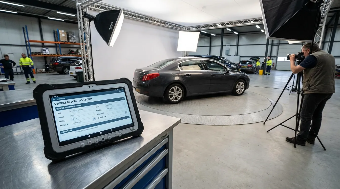 Tablet displaying a vehicle description form next to a car being photographed in a B2B auction photo studio